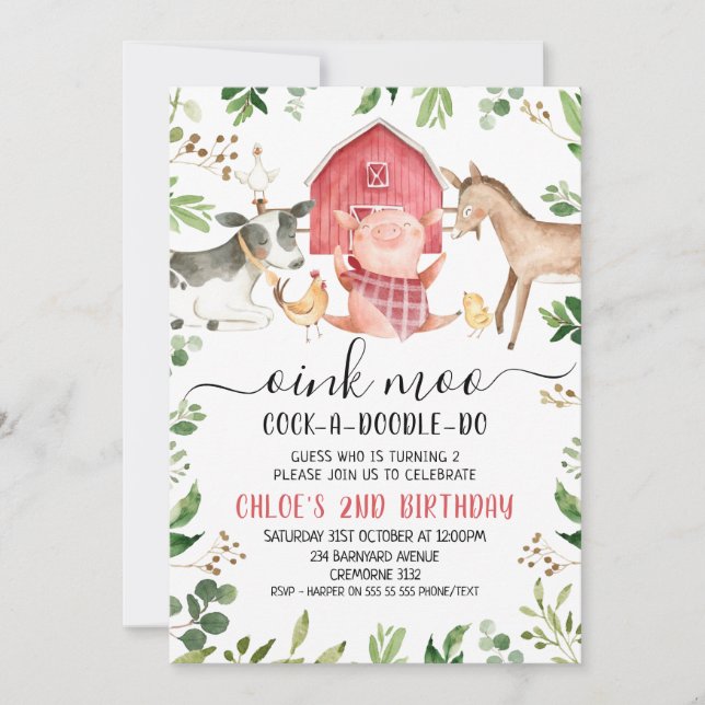 Invitación Granja de vegetación Animales 2º cumpleaños (Anverso)