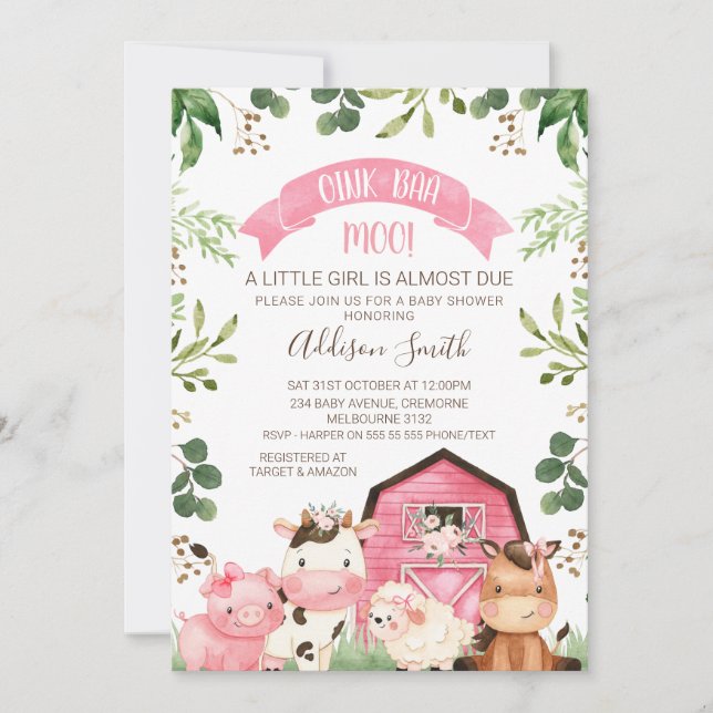 Invitación Granja de vegetación floral rosa y Baby Shower de  (Anverso)