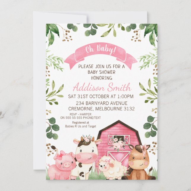 Invitación Granja de vegetación floral rosa y Baby Shower de  (Anverso)