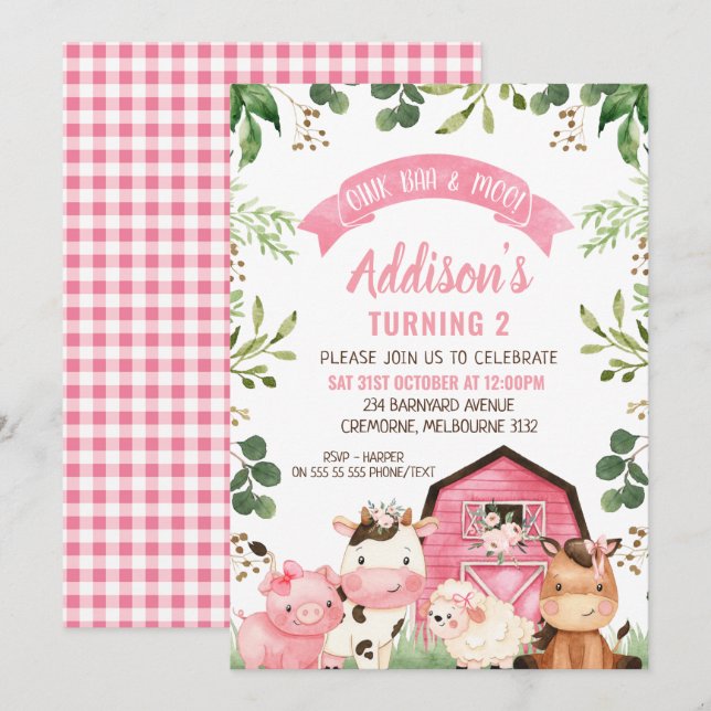 Invitación Granja de vegetación floral rosa y cumpleaños de g (Anverso / Reverso)