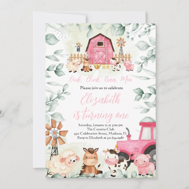 Invitación Granja de verdor Animales Barnyard Chica rosa Cump (Anverso)