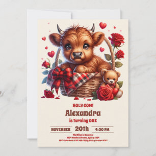 Invitación Granja divertida Holy Cow Highland 1er cumpleaños