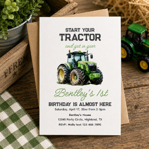 Invitación Granja Divertida Tractor Verde Cumpleaños número 1