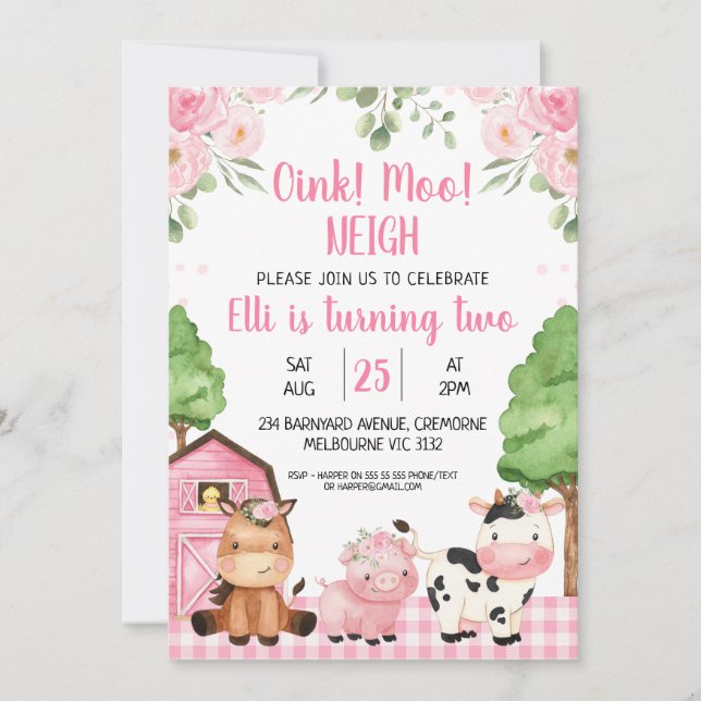 Invitación Granja floral de granero rosa Oink Baa Neigh Cumpl (Anverso)