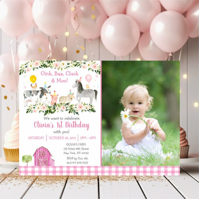 Invitación Granja Floral Rosa Animal 1er cumpleaños (Subido por el creador)