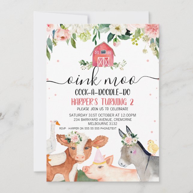Invitación Granja floral rosa Animales 2º cumpleaños (Anverso)