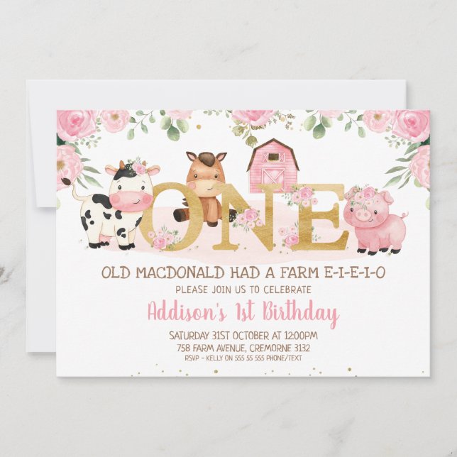 Invitación Granja floral rosa Oro primer cumpleaños (Anverso)