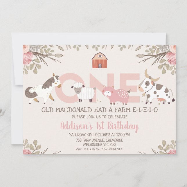 Invitación Granja Pink Floral Farmyard Primer cumpleaños (Anverso)
