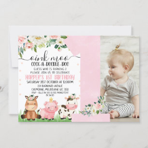 Invitación Granja Pink Floral Plaid Foto Primer Cumpleaños