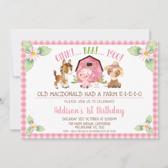 Invitación Granja Rosa Daisy Oink Baa Moo 1er cumpleaños (Anverso)
