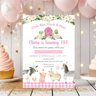 Invitación Granja rosa Floral 2do cumpleaños