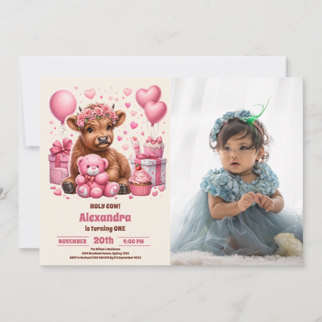 Invitación Granja rosa Santa Cow Highland Primera foto de cum (Anverso)