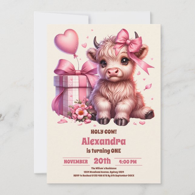 Invitación Granja rosa Santa Vaca Highland Primer cumpleaños (Anverso)