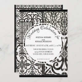 Invitación Granja rústica Boda blanco negro con mosaico moder