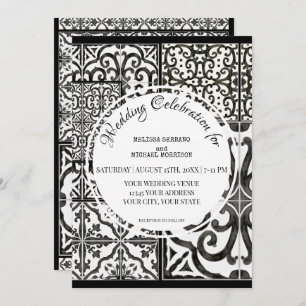Invitación Granja rústica Boda blanco negro con mosaico moder