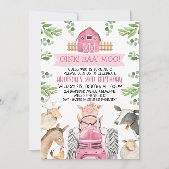 Invitación Granja Tractor Rosa Oink Baa Moo Cumpleaños 2 (Anverso)