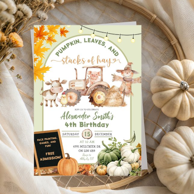 Invitación Granja verde Animales Calabaza pilas de Hay Cumple (Subido por el creador)