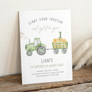 Invitación Granja Verde Tractor Fiesta de Cumpleaños 1er