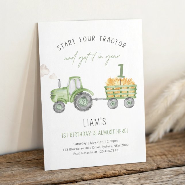 Invitación Granja Verde Tractor Fiesta de Cumpleaños 1er (Subido por el creador)
