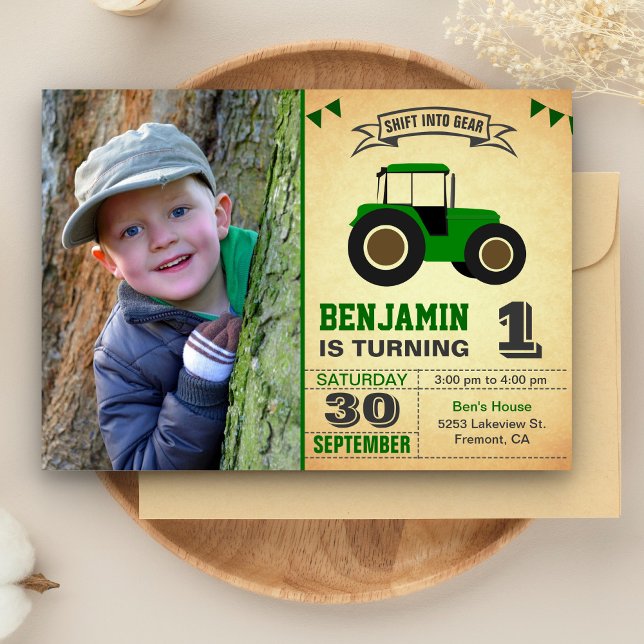 Invitación Granja Verde Tractor Niños Foto Cumpleaños Fiesta (Subido por el creador)