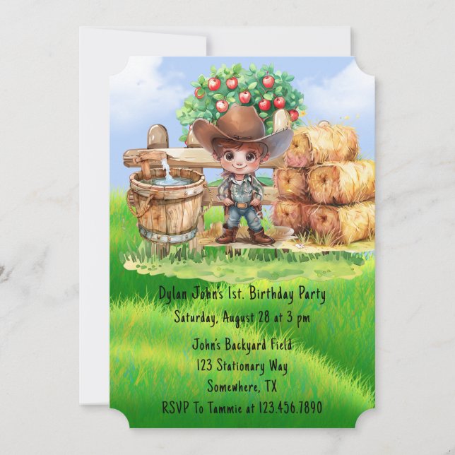 Invitación Granjero de Cowboy 1.ª. Fiesta de cumpleaños (Anverso)