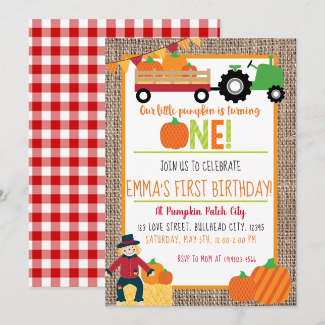Invitación Granjero de Parches de Calabaza Red Gingham Primer (Anverso / Reverso)
