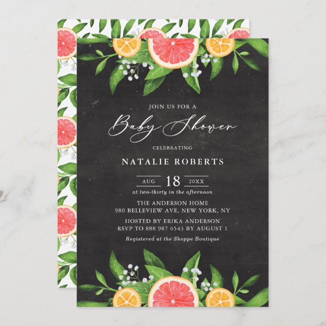 Invitación Grapefruits y Naranjas Chalkboard Baby Shower (Anverso / Reverso)