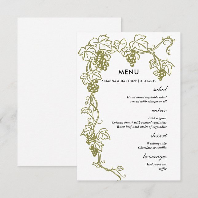 Invitación Grapevine Elegant Vineyard | Menú Boda de Italia (Anverso / Reverso)