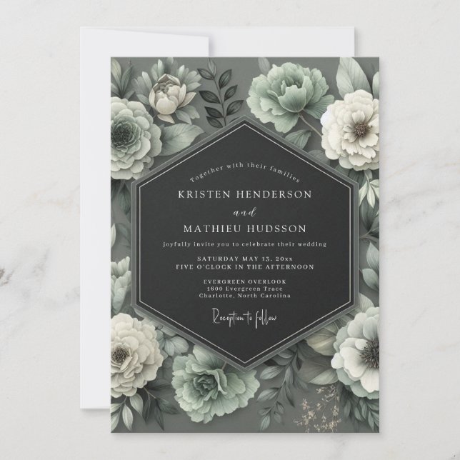 Invitación Graphite Mint Bloom Wedding (Anverso)
