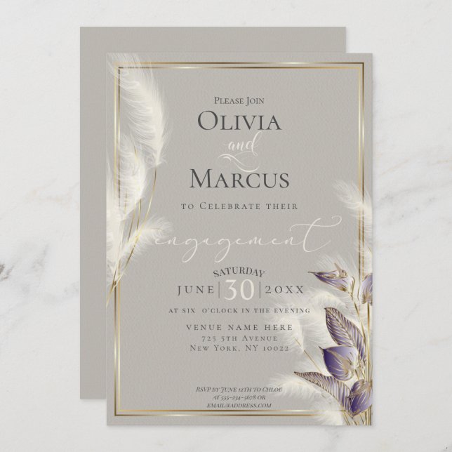 Invitación Grasa Amethyst Anthurium y Feathery Pampas (Anverso / Reverso)