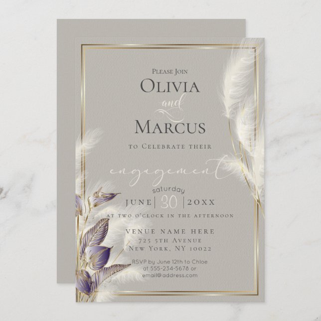 Invitación Grasa Amethyst Anthurium y Feathery Pampas (Anverso / Reverso)