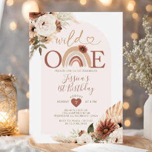 Invitación Grasa Boho Rainbow Wild ONE Birday Pampas