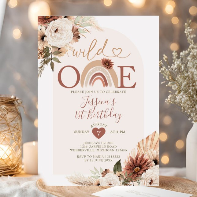 Invitación Grasa Boho Rainbow Wild ONE Birday Pampas (Subido por el creador)