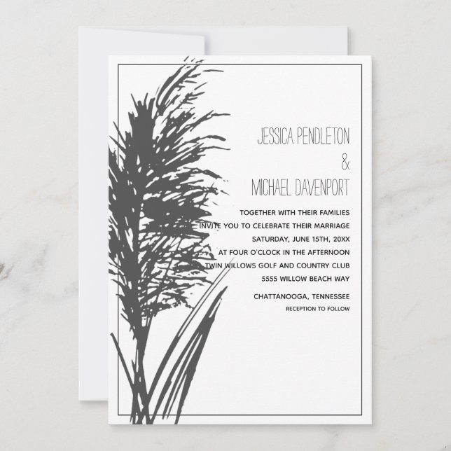 Invitación Grasa negra de pampas en Boda blanco (Anverso)