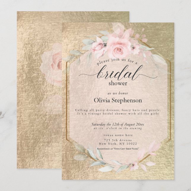 Invitación Grasa Rosa de oro de Rubor (Anverso / Reverso)