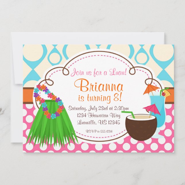 Invitación Grass Skirt y Coconut Drink, fiesta de cumpleaños  (Anverso)