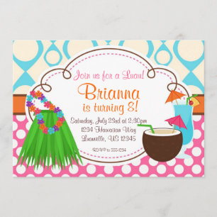Invitación Grass Skirt y Coconut Drink, fiesta de cumpleaños