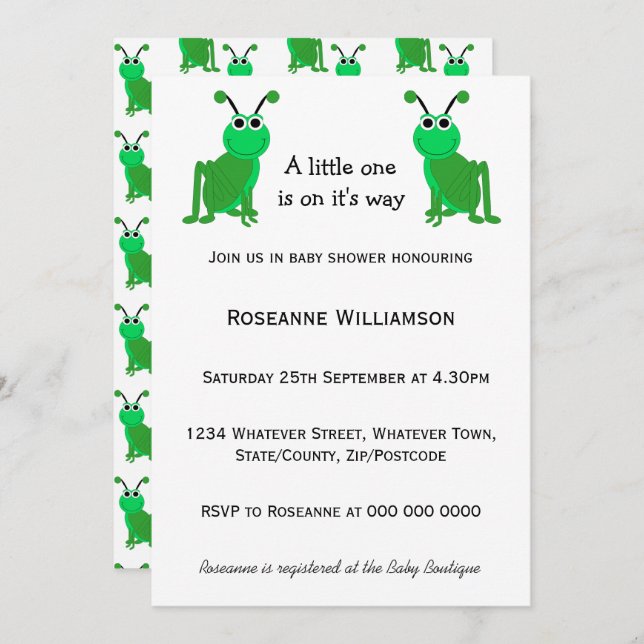 Invitación Grasshopper Design Baby Shower (Anverso / Reverso)
