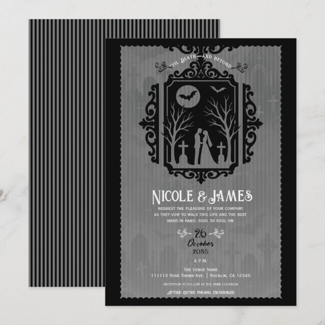 Invitación Graveyard vota al Boda gótico negro y gris (Anverso / Reverso)