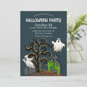 Invitación Graveyard Zombie y Ghost Cute Halloween Party