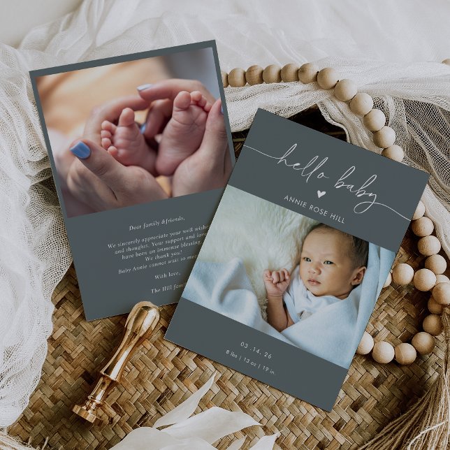 Invitación Gray Boho Photo Hello Baby Announcement Card (Subido por el creador)