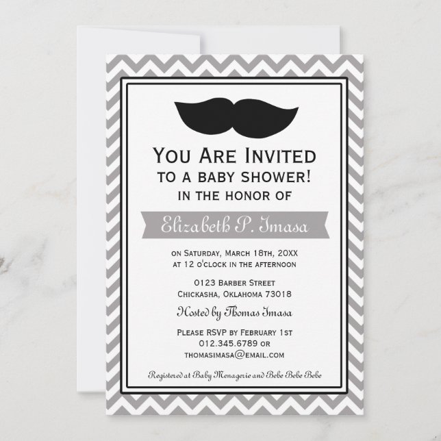 Invitación Gray Boy Mustache Chevron Baby Shower (Anverso)