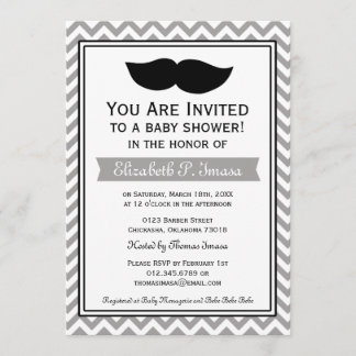 Invitación Gray Boy Mustache Chevron Baby Shower