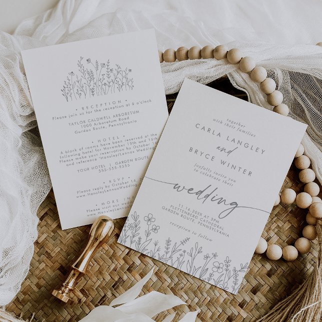 Invitación Gray Calligraphy Wildflower Front and Back Wedding (Subido por el creador)