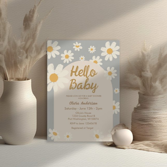 Invitación Gray Daisy Hello Baby Retro Boho Baby Shower (Subido por el creador)