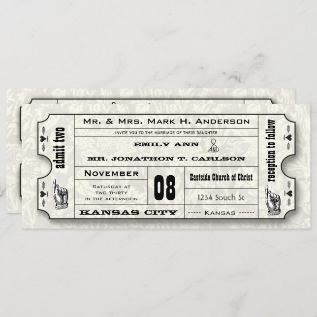 Invitación Gray Floral Modern Typography Ticket Wedding (Anverso / Reverso)