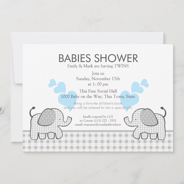 Invitación Gray Gingham Blue Baby Shower (Anverso)