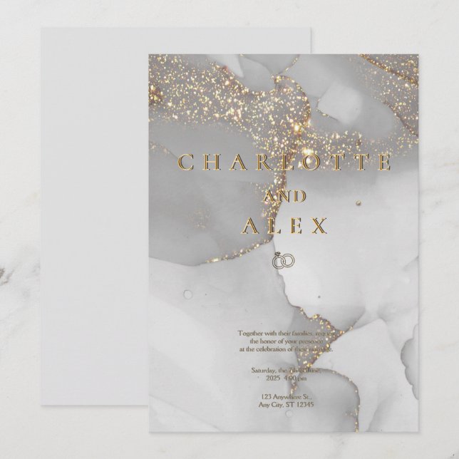 Invitación Gray Glitter Chic Alcohol Ink Wedding Invitation (Anverso / Reverso)