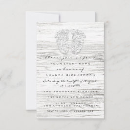 Invitación Gray Gold Baby Shower pies Wood Chica Blanco