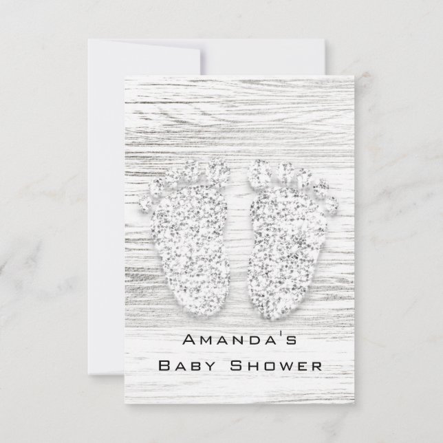 Invitación Gray Gold Baby Shower pies Wood Chica Blanco (Reverso)